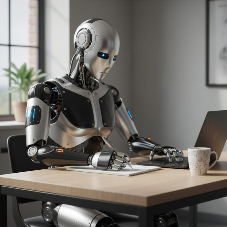 gemini-2.5-flash-image-preview_A_photorealistic_image_of_a_humanoid_robot_sitting_at_a_modern_desk_writing_on_paper_with_a_pen._Th-0 (1)