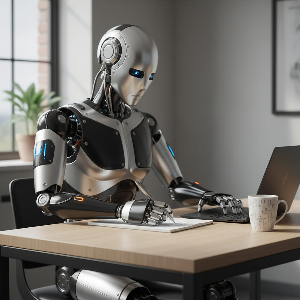 gemini-2.5-flash-image-preview_A_photorealistic_image_of_a_humanoid_robot_sitting_at_a_modern_desk_writing_on_paper_with_a_pen._Th-0 (1)